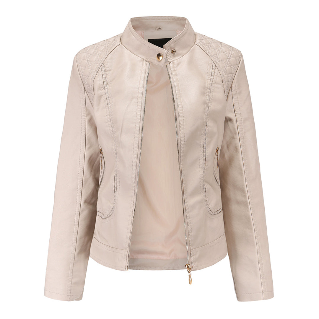 Janiyah Casaco de Pele Mulher – Gola Alta Chic, Fechos de Correr e Estilo Moderno Elegante