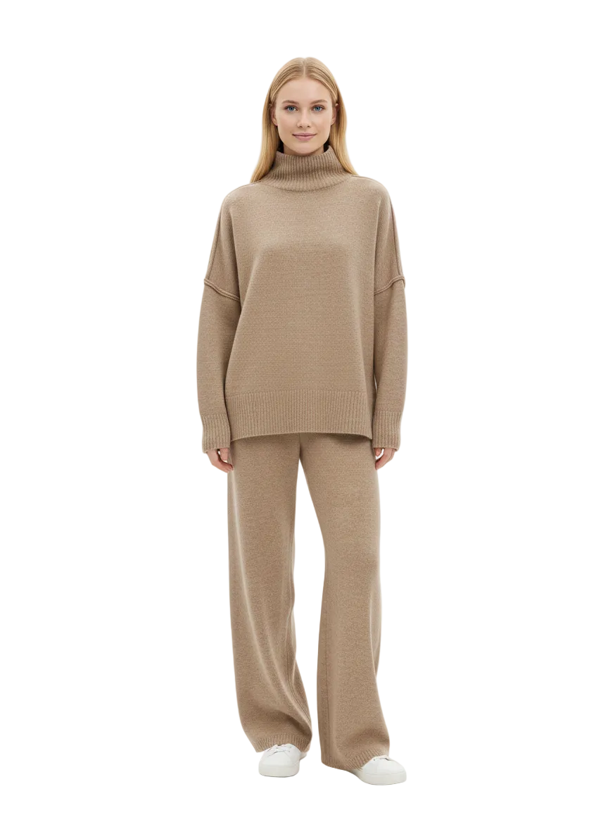 Aria Ensemble Loungewear pentru Femei – Set Tricot Moale cu Guler Înalt și Pantaloni Largi