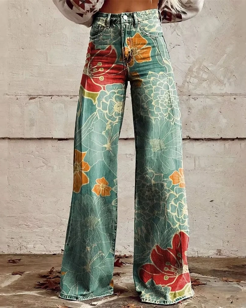 Aveline női farmer – bő szárú farmer művészi mintával, kényelmes méret, divatos stílus