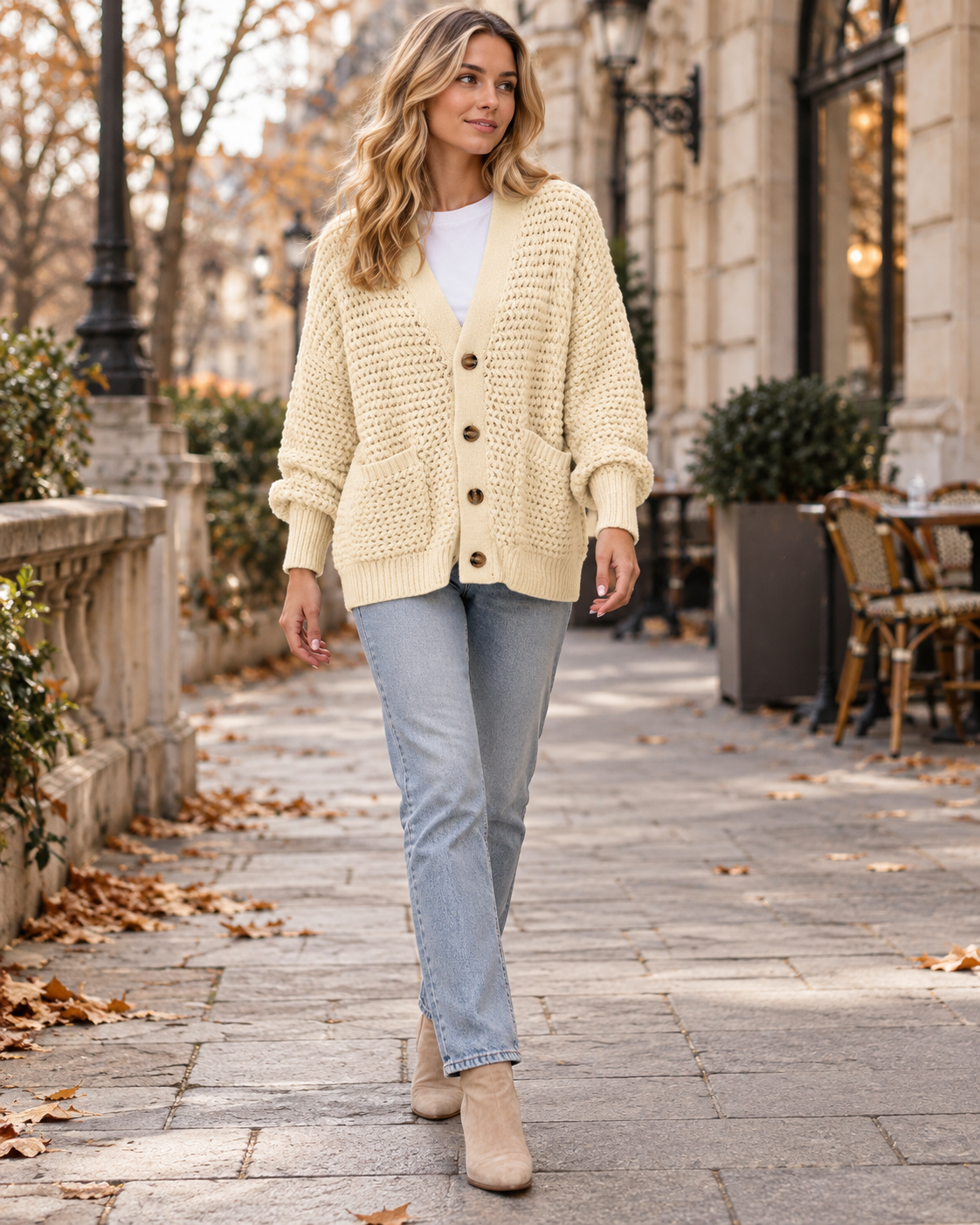 Queenie Women's Cable-Knit V-Neck Cardigan with Buttons and Front Patch Pockets