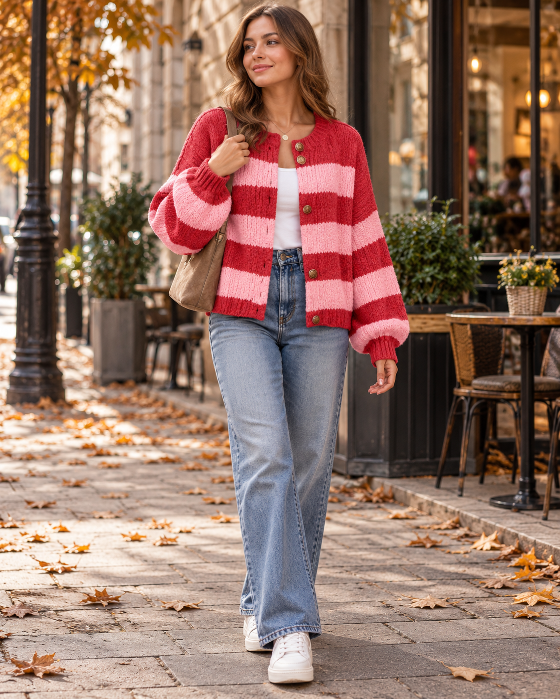 Vienna oversize-strikket cardigan til kvinder med striber, gyldne knapper og lange ærmer