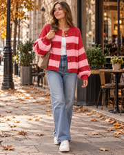Vienna oversize-strikket cardigan til kvinder med striber, gyldne knapper og lange ærmer