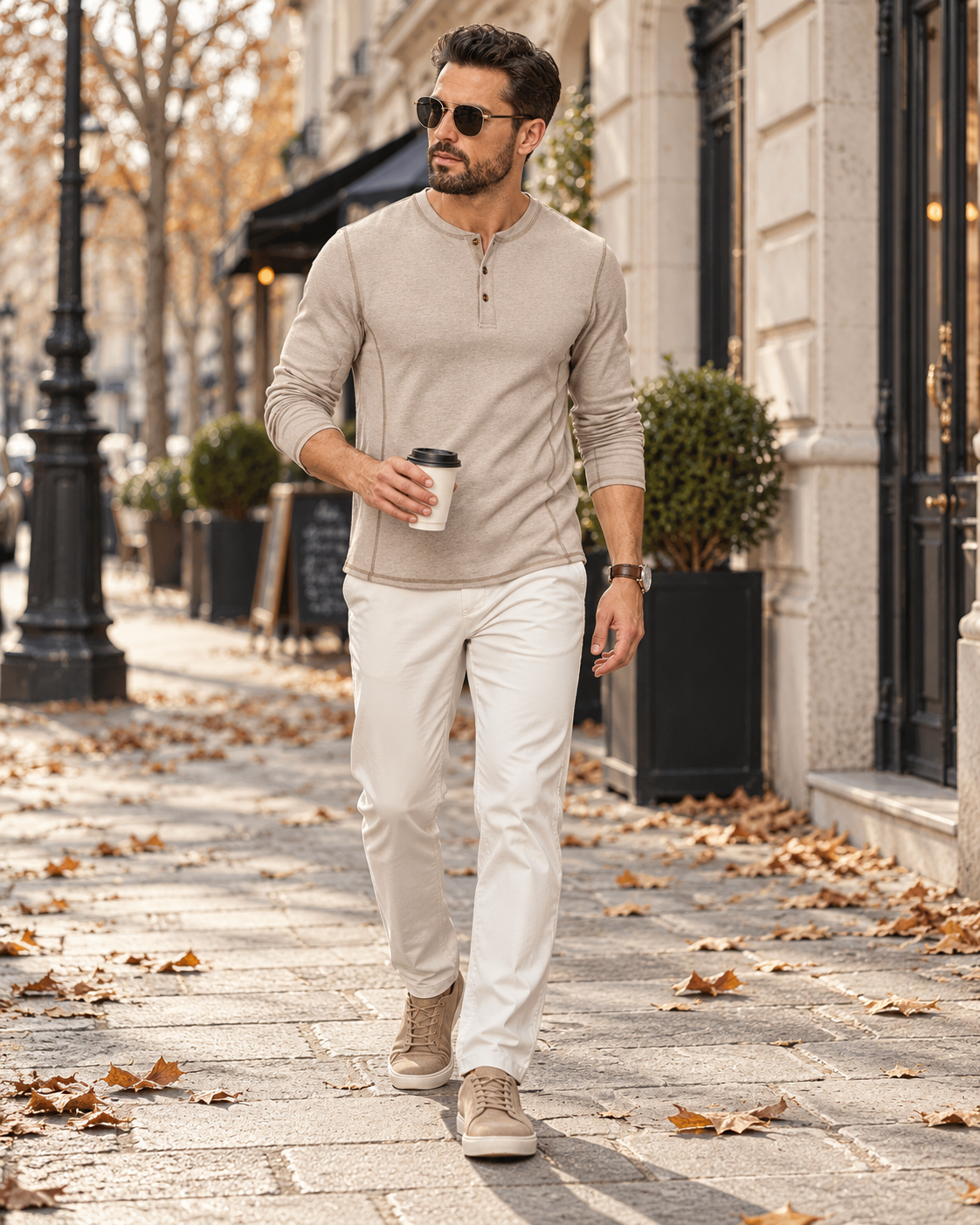 Franco Henley-T-shirt voor heren met lange mouwen, drieknoopssluiting en zichtbare sierstiksels