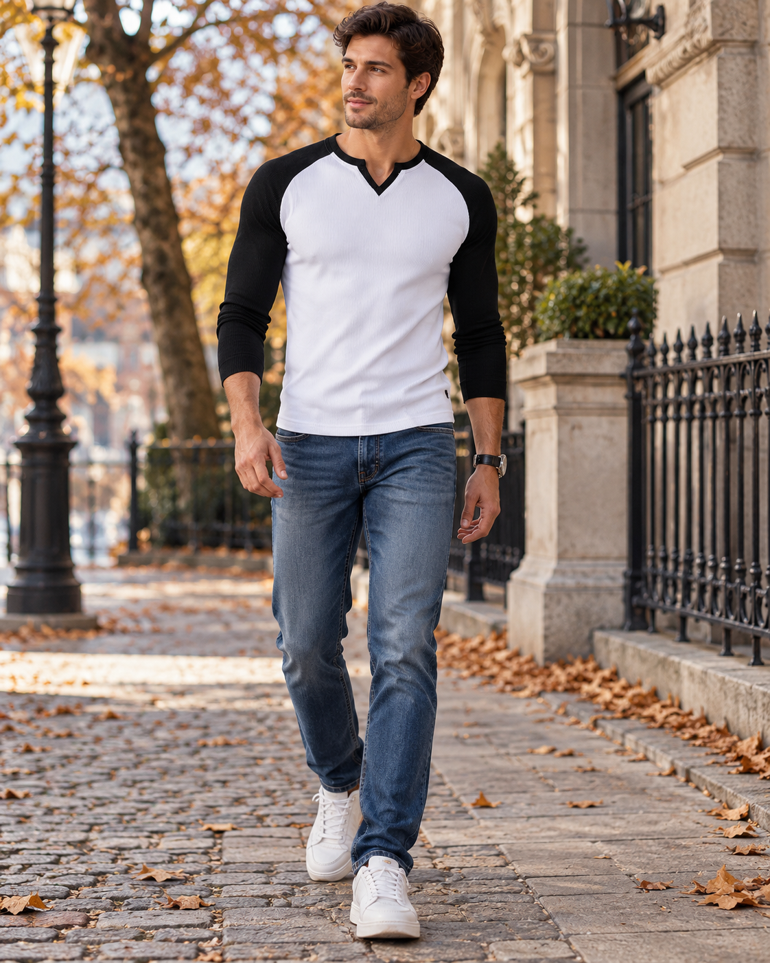 Kian T-shirt aderente da uomo in maglia a coste, scollo a V e maniche raglan a contrasto