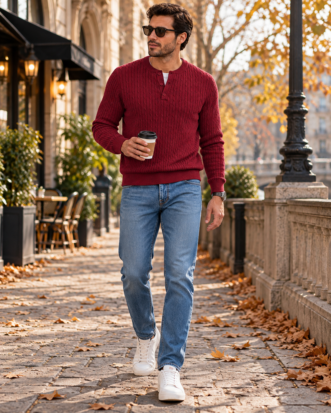 Carlo Maglione Henley da uomo lavorato a trecce – Tre bottoni, maniche lunghe e finiture a coste