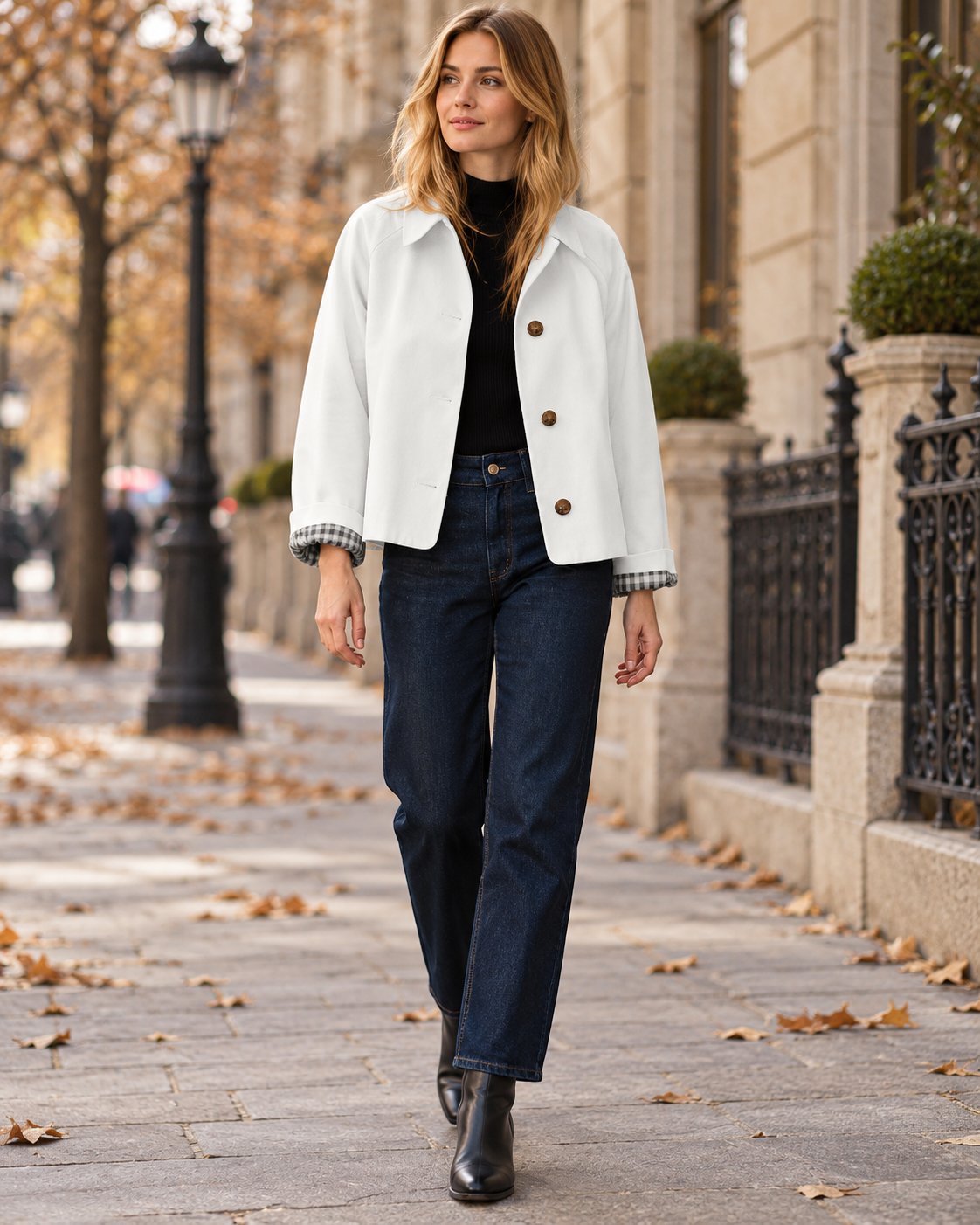 Arielle kort trenchcoat til kvinder med ternet for, skjortekrave og knaplukning