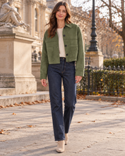 Janelle Women's Cropped Lightweight Faux Suede Shirt Jacket with Buttons and Patch Pockets