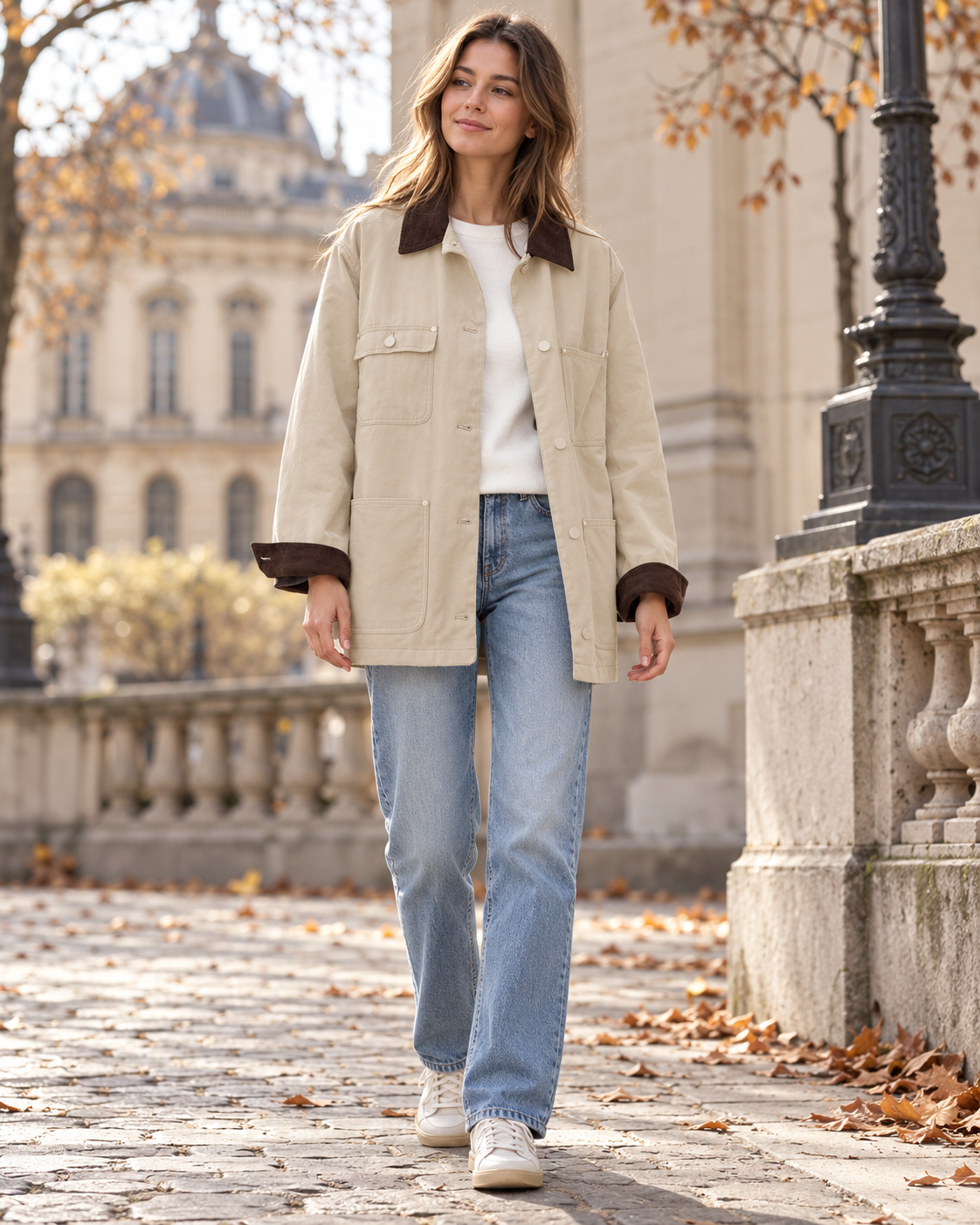 Lara Women's Oversized Utility-Style Cotton Jacket with Corduroy Collar and Patch Pockets