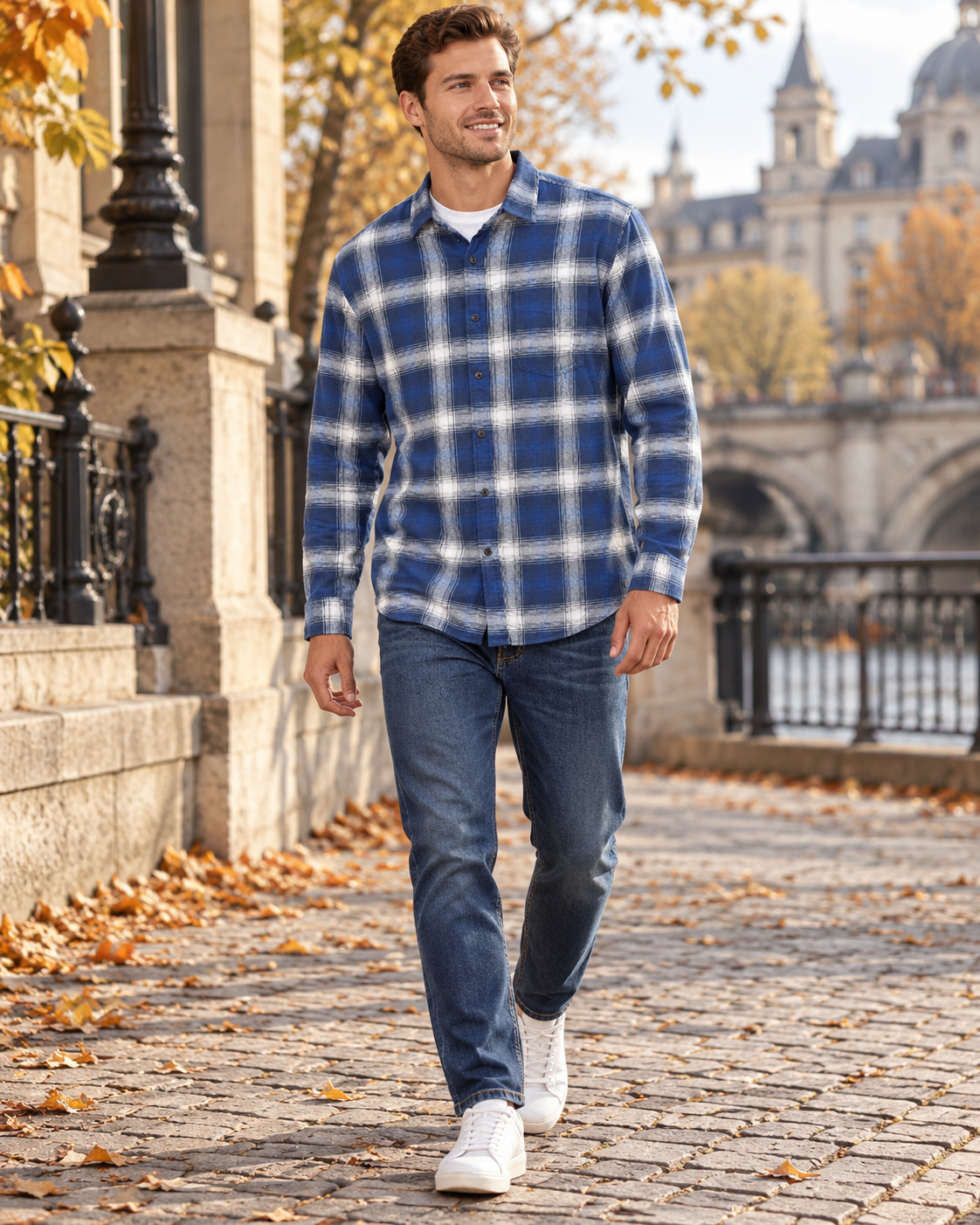 Miko Camisa de franela a cuadros para hombre, 100 % algodón, manga larga y bolsillo