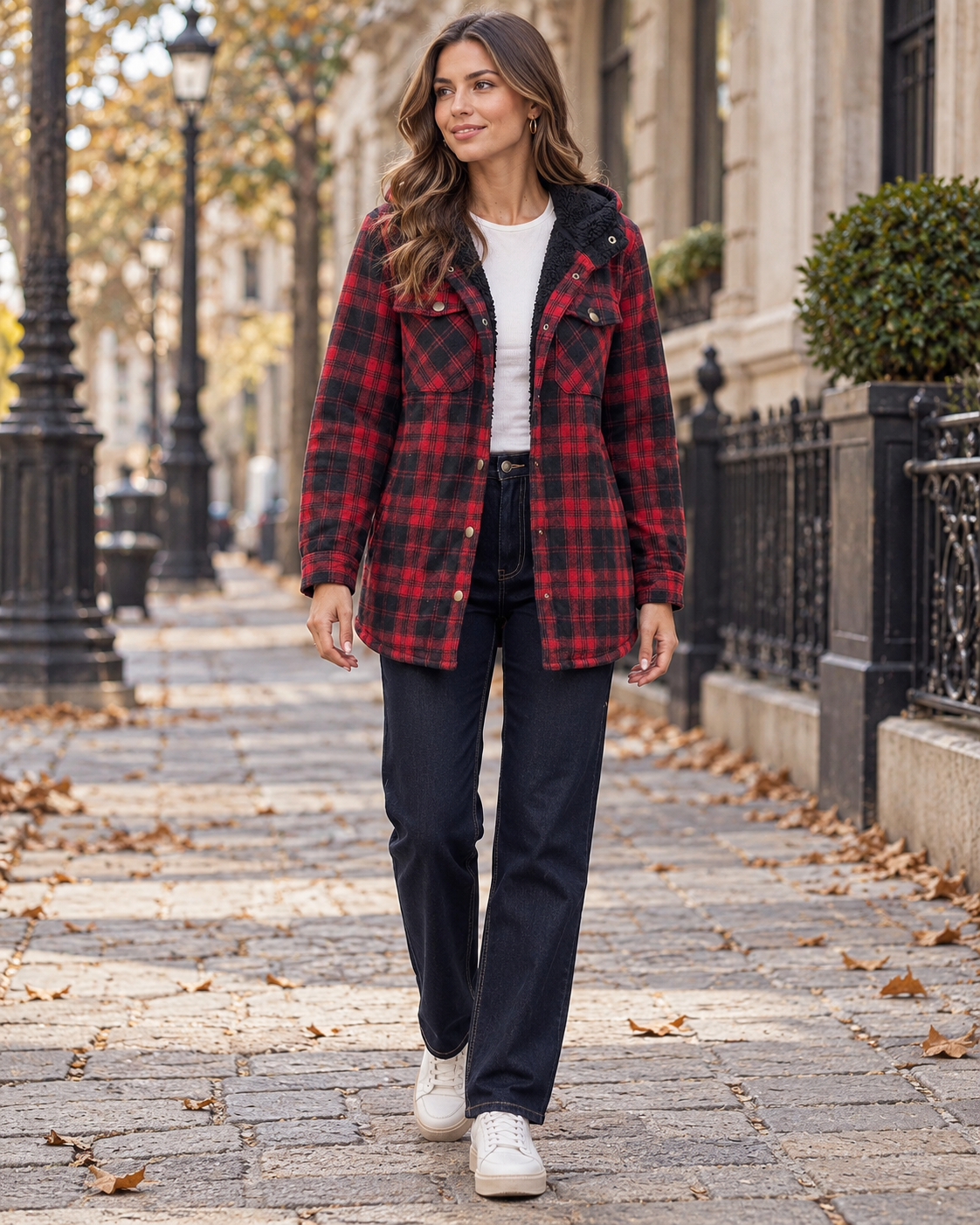 Danica Women's Plaid Shirt Jacket with Attached Hood and Fleece Lining
