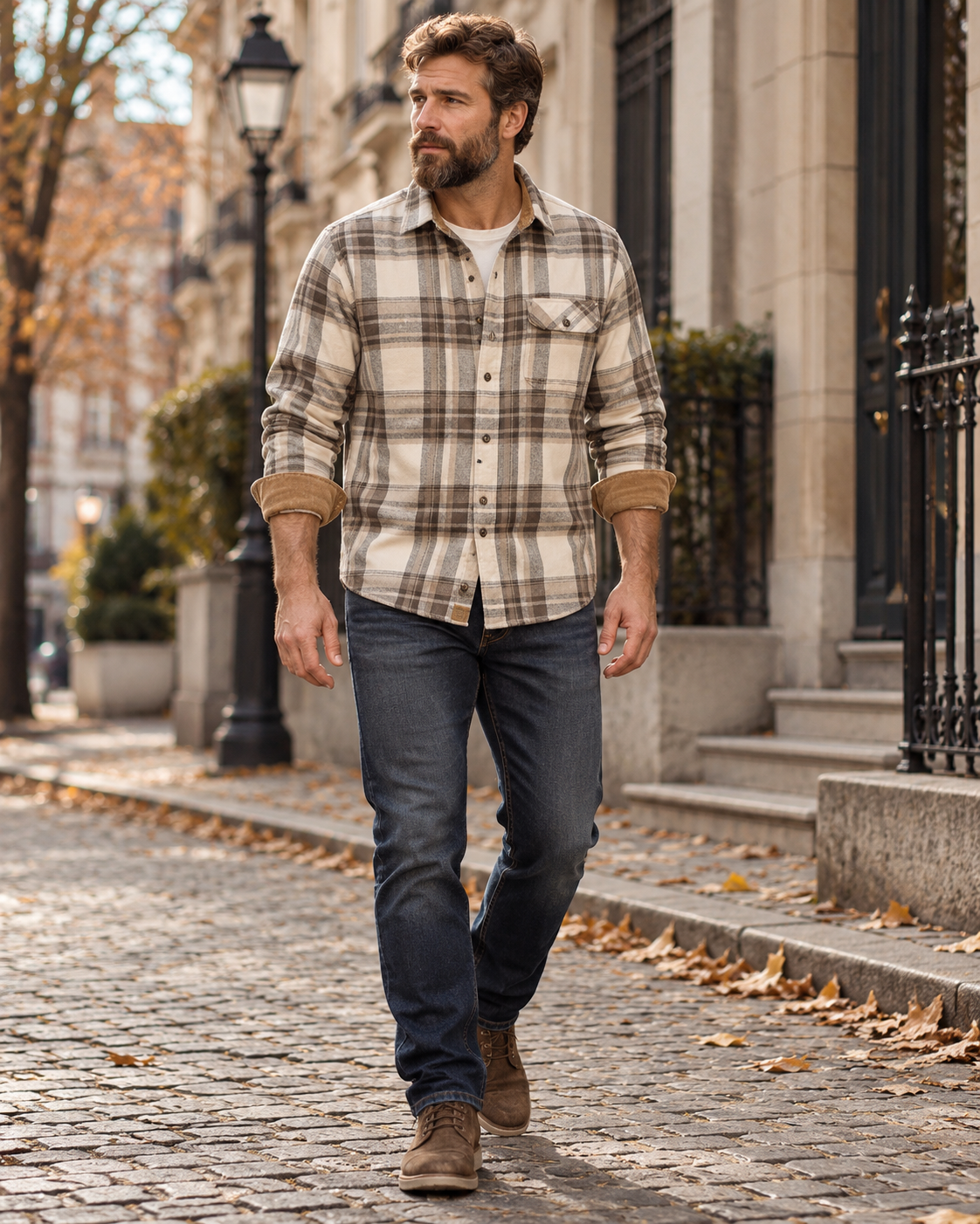 Santino Chemise homme en coton flanelle à carreaux, col et poignets en velours côtelé