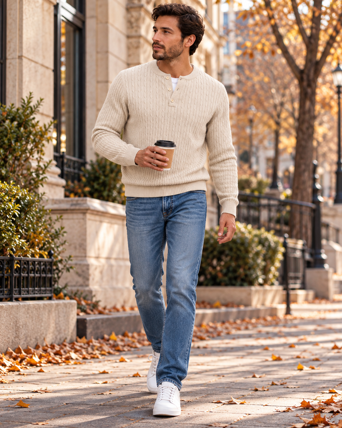 Carlo Maglione Henley da uomo lavorato a trecce – Tre bottoni, maniche lunghe e finiture a coste