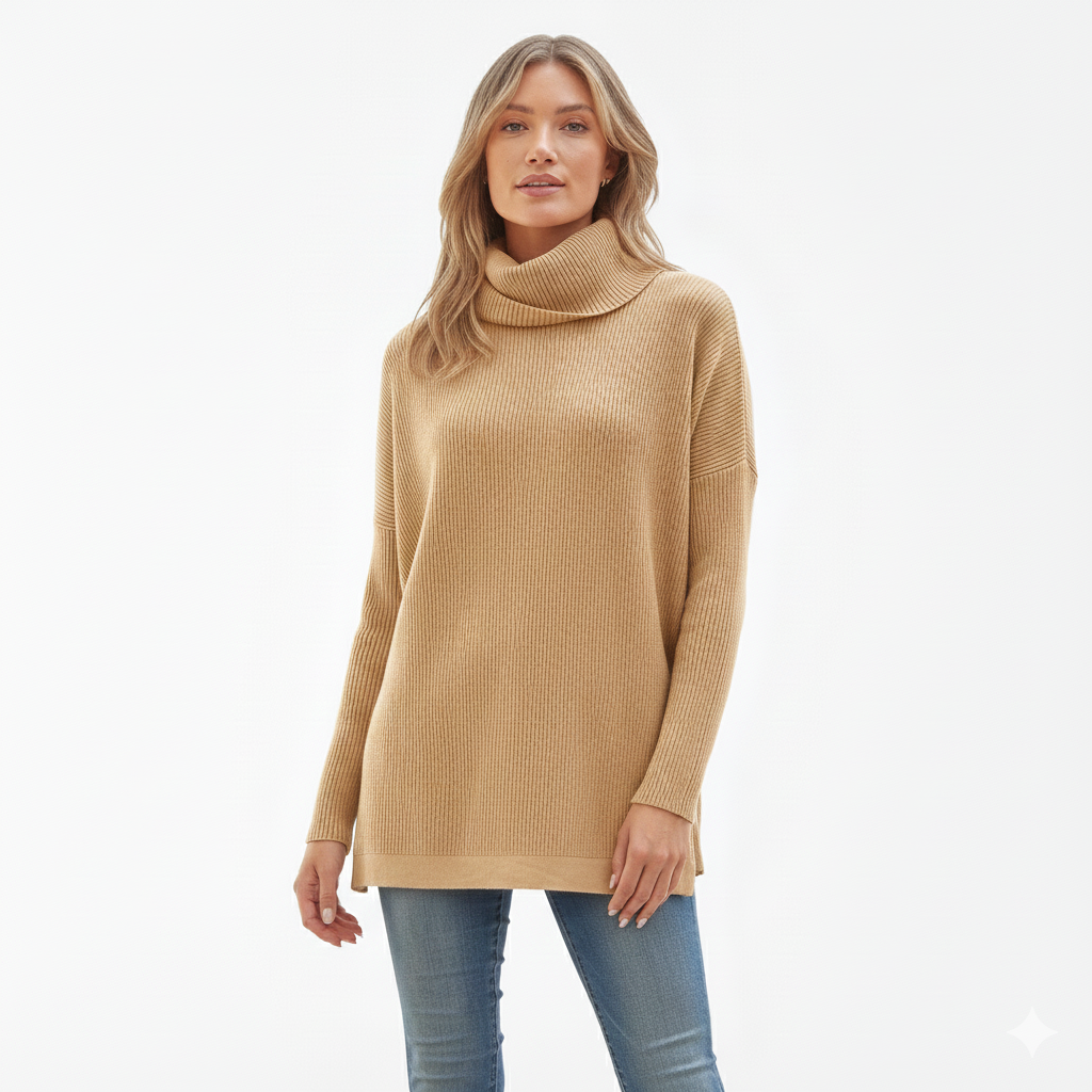 Ava Dámský Dlouhý Svetr s Rolákem Oversize – Teplý Žebrovaný Tunika Svetr v Elegantním Stylu