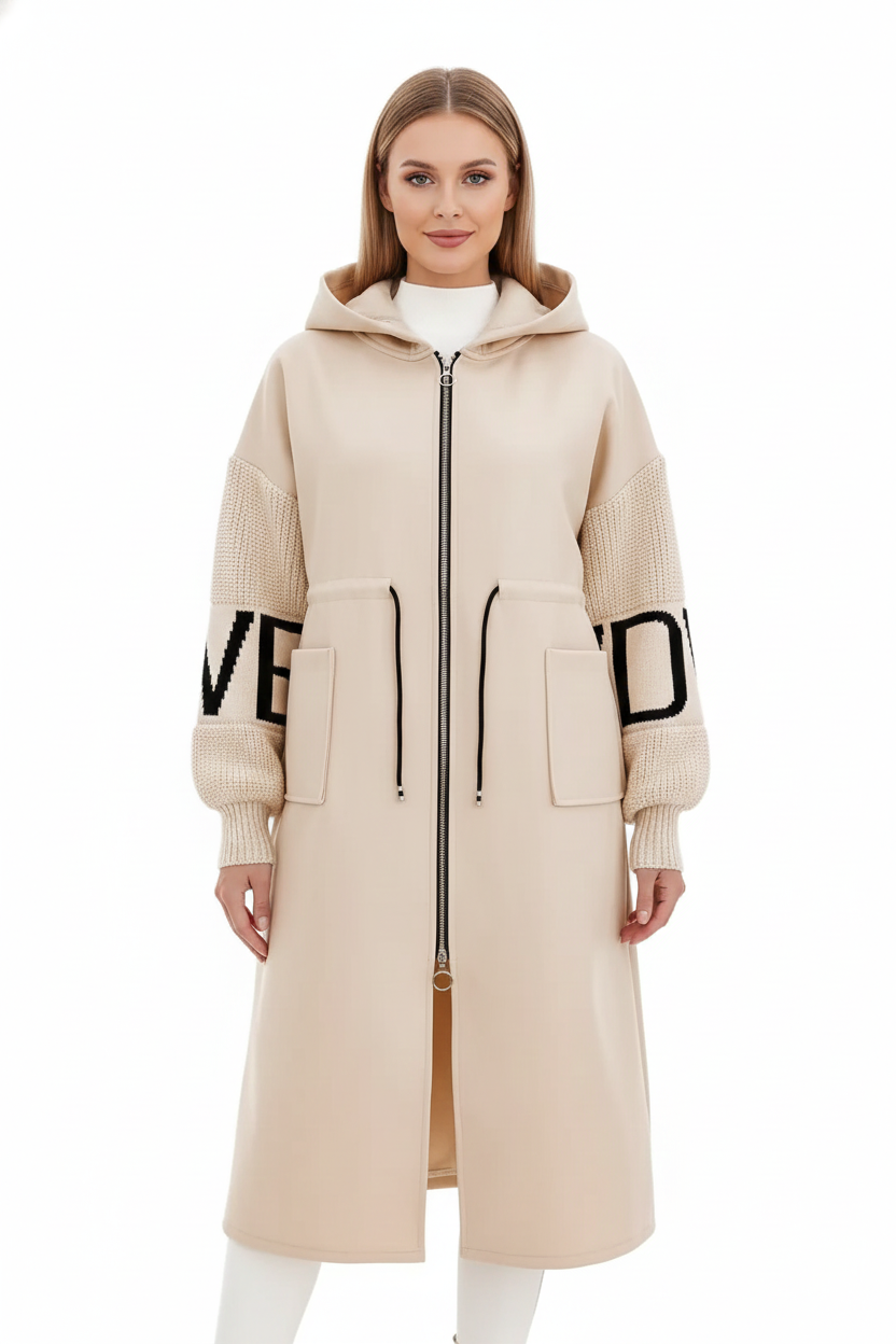 Ava Women's Patchwork Jacket – Fitted Water-Repellent Coat with Hood & Knitted Sleeves