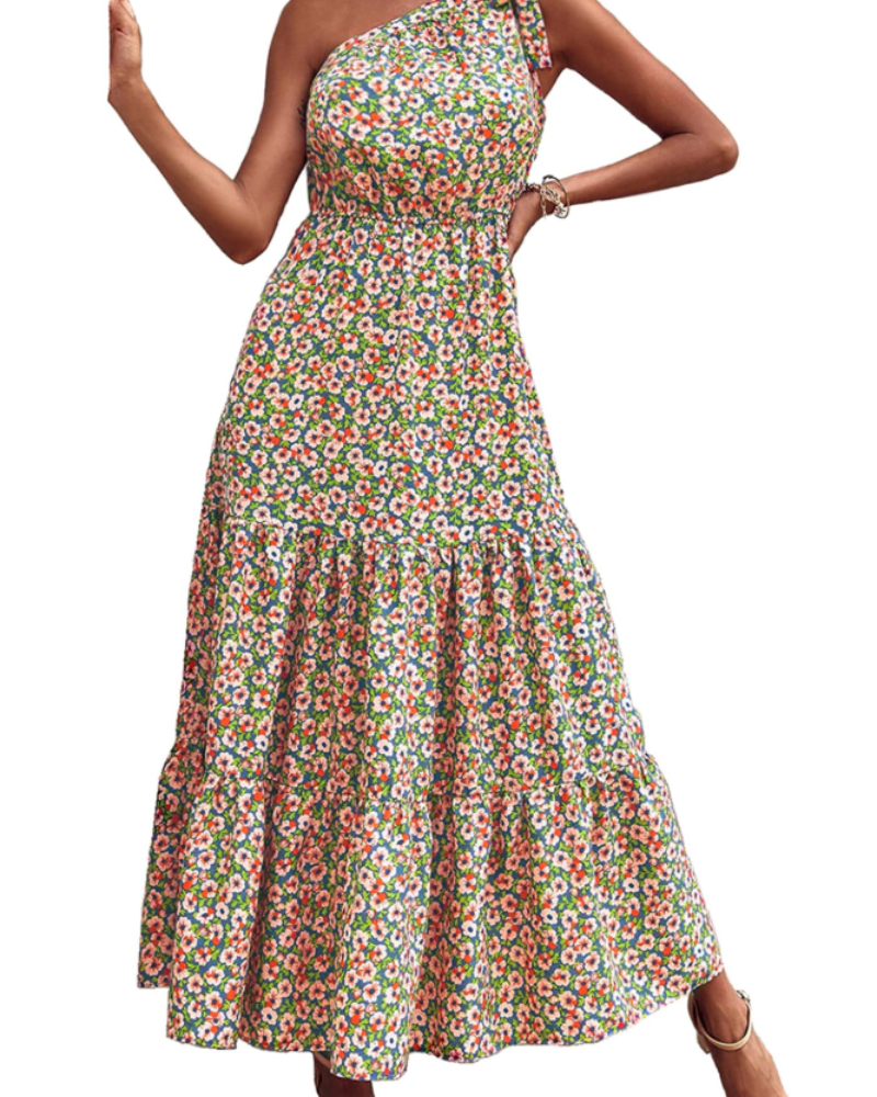 Avira Robe Femme – Robe Maxi Asymétrique Fleurie One Shoulder, Coupe Fluide Bohème Été