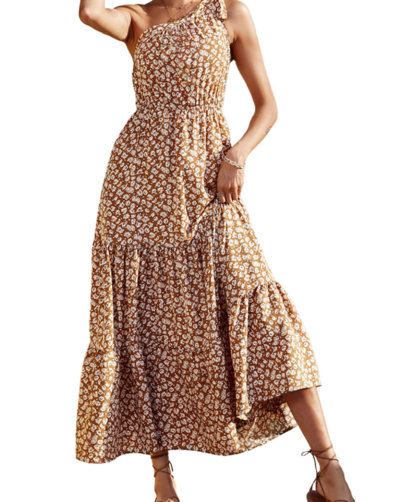 Avira Robe Femme – Robe Maxi Asymétrique Fleurie One Shoulder, Coupe Fluide Bohème Été
