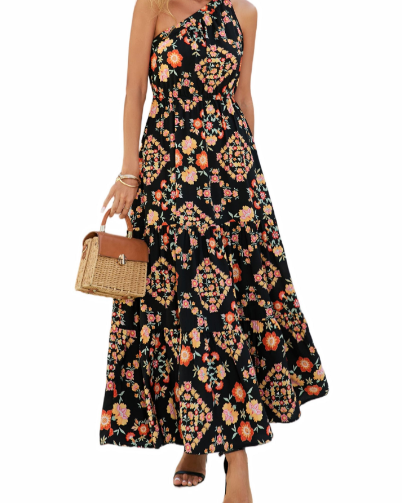 Avira Robe Femme – Robe Maxi Asymétrique Fleurie One Shoulder, Coupe Fluide Bohème Été