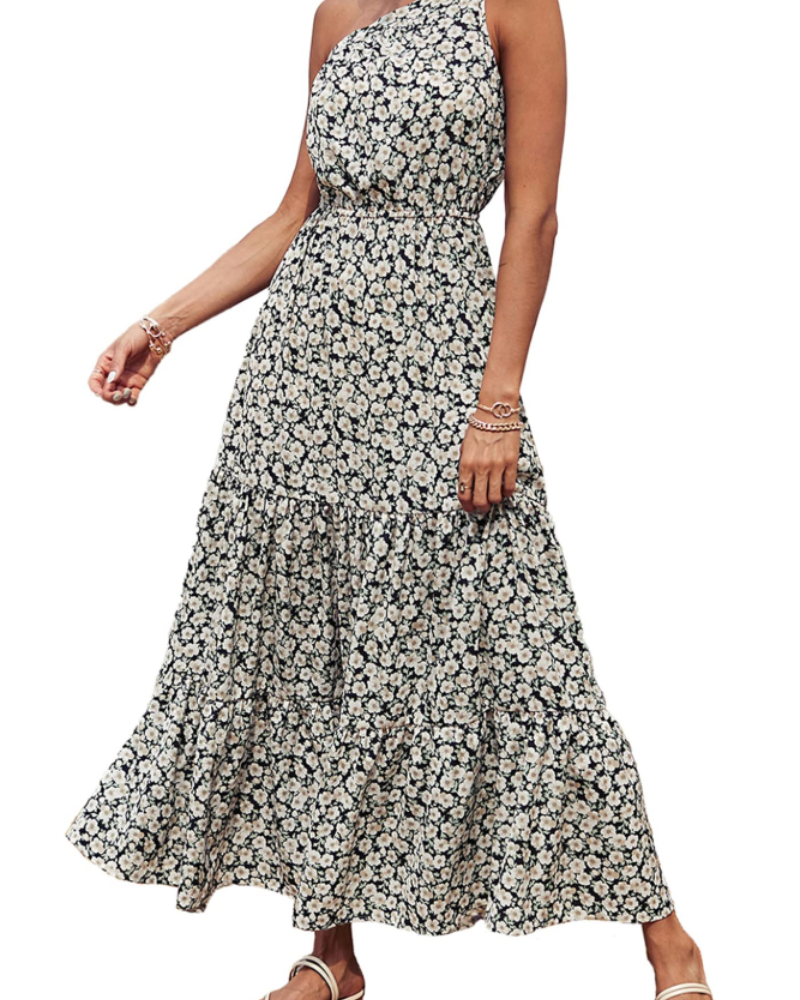 Avira Robe Femme – Robe Maxi Asymétrique Fleurie One Shoulder, Coupe Fluide Bohème Été