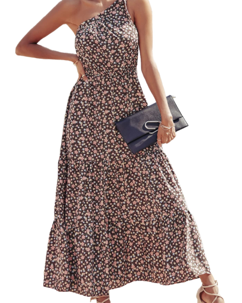 Avira Robe Femme – Robe Maxi Asymétrique Fleurie One Shoulder, Coupe Fluide Bohème Été