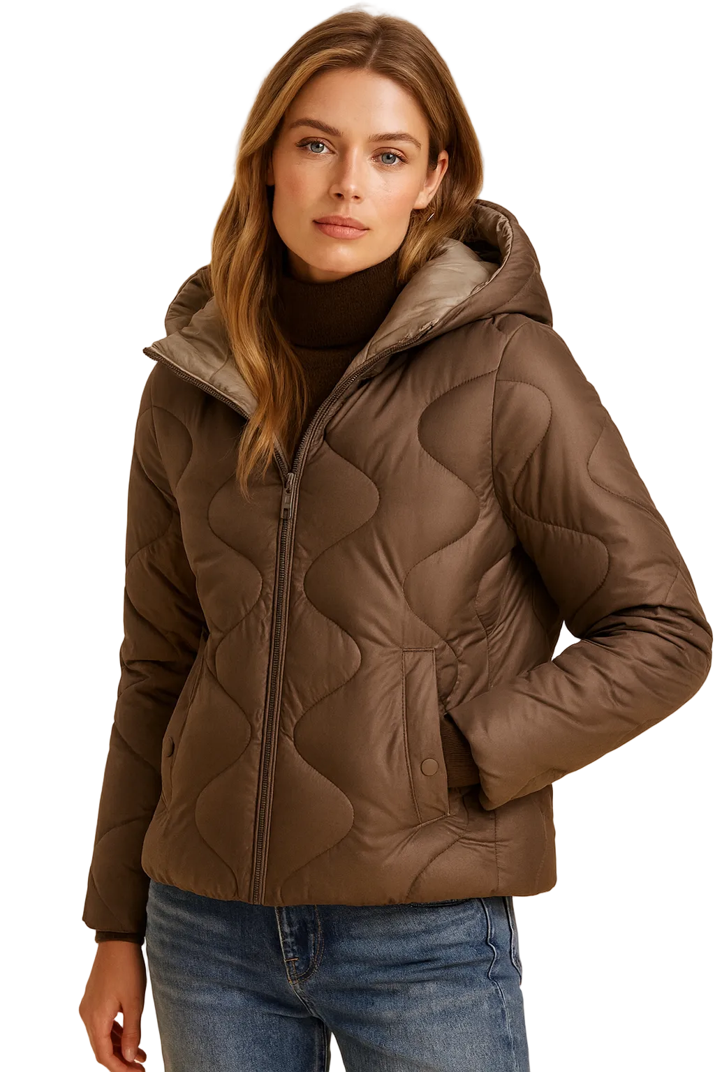 Elisea Damen Steppjacke mit Kapuze – Wellenförmige Steppnähte & Eleganter Femininer Schnitt