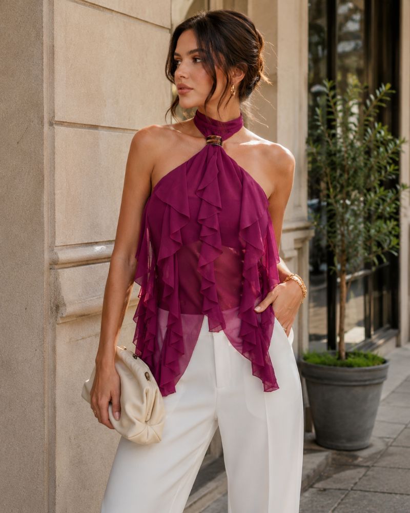 Peyton Dames Top – Open Rug Halter Hals Volant Vloeiende Elegante Avondtop