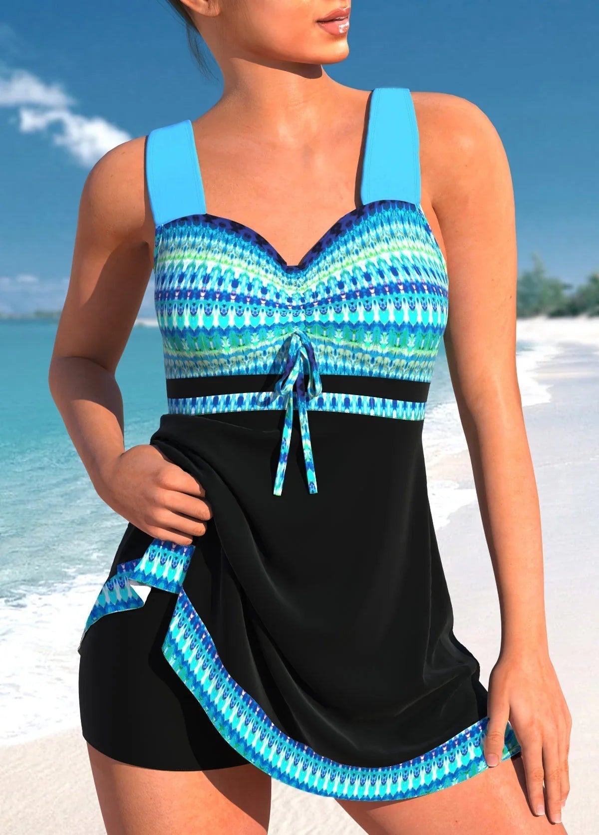 Delaney Tankini pentru femei – Set costum de baie 2 piese cu fustă drapată și bretele late elegante