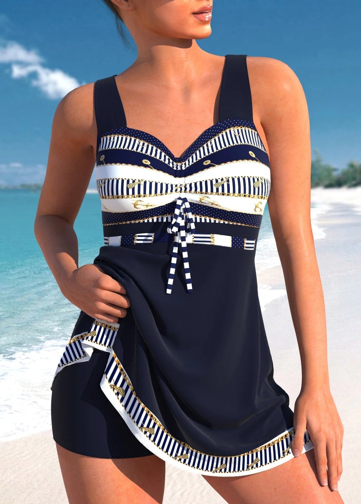 Delaney Tankini pentru femei – Set costum de baie 2 piese cu fustă drapată și bretele late elegante