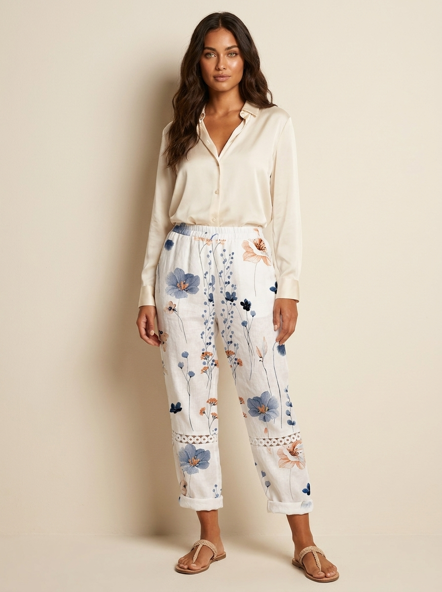 Zinnia Damesbroek – Wijde Broek met Kleurrijke Print, Elastische Taille en Zakjes