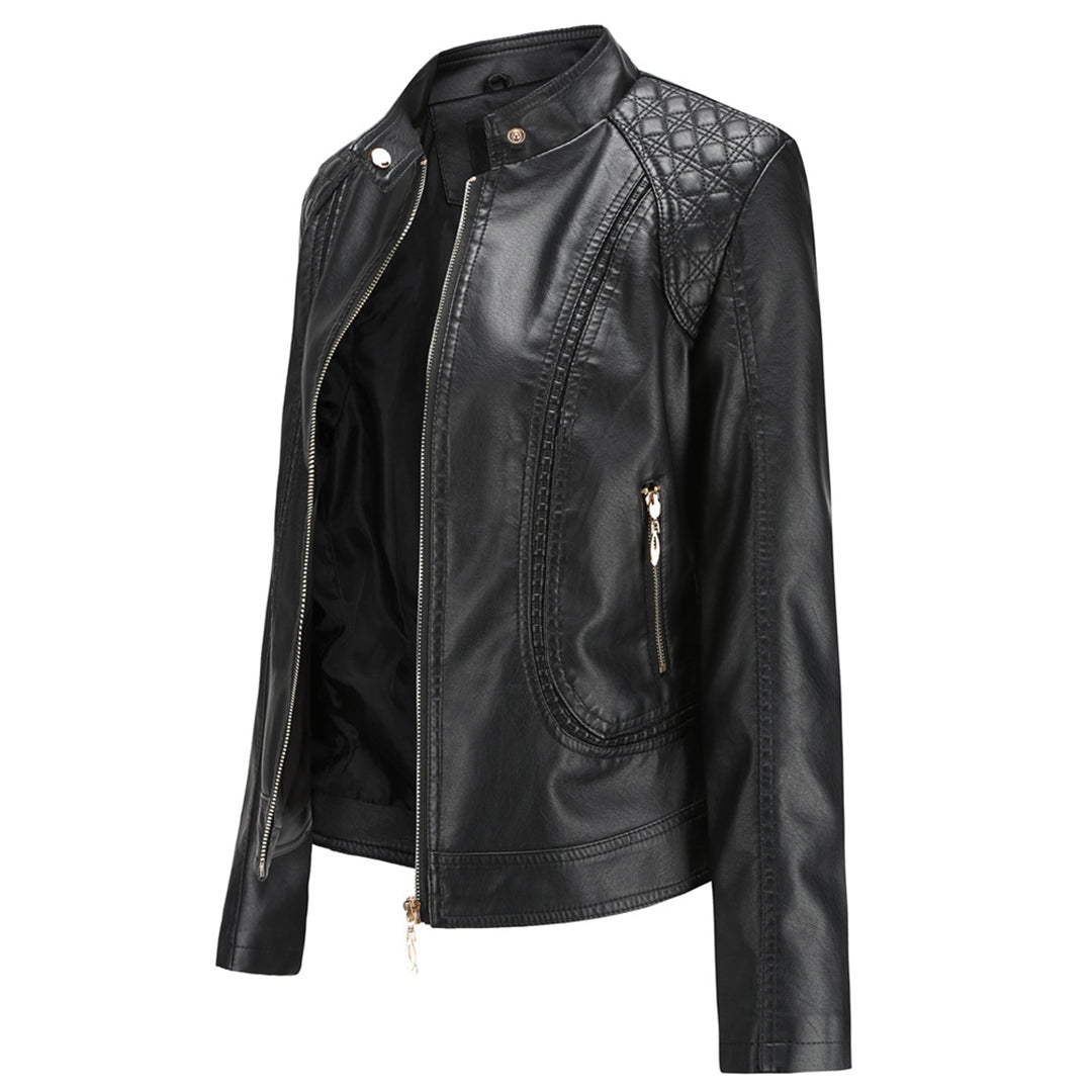 Janiyah Casaco de Pele Mulher – Gola Alta Chic, Fechos de Correr e Estilo Moderno Elegante