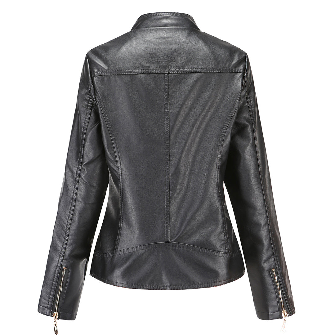Janiyah Casaco de Pele Mulher – Gola Alta Chic, Fechos de Correr e Estilo Moderno Elegante