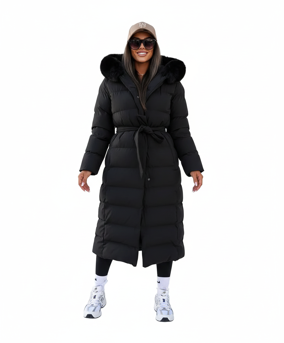 Eleva Women's Long Coat – Warm Water-Repellent Winter Jacket with Hood & Elegant Cut