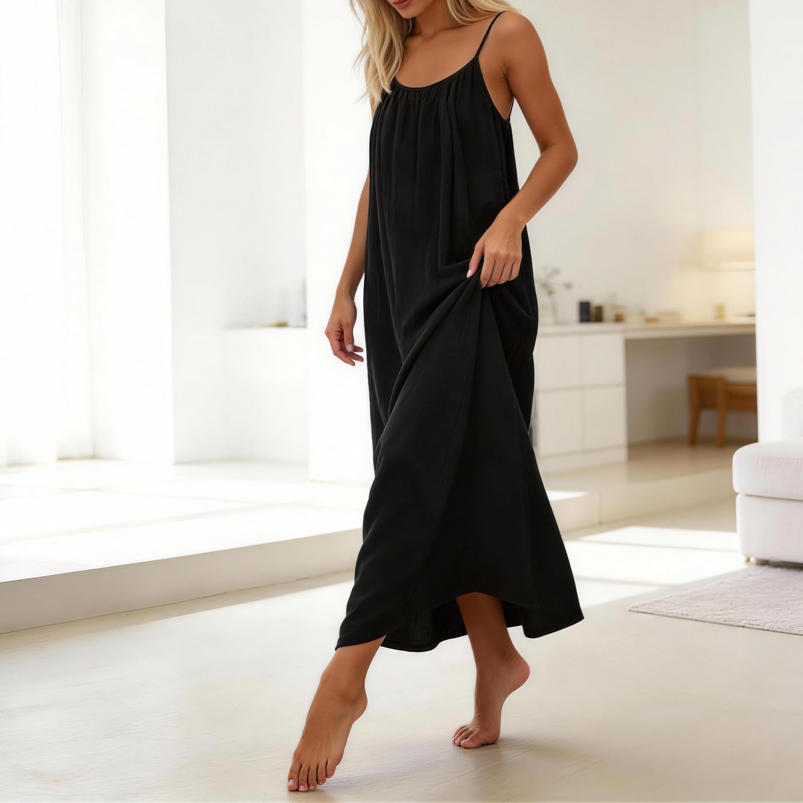 Rowena Maxi Dress for Women – Backless, Adjustable Straps & Fluid A-Line Cut Solid Summer