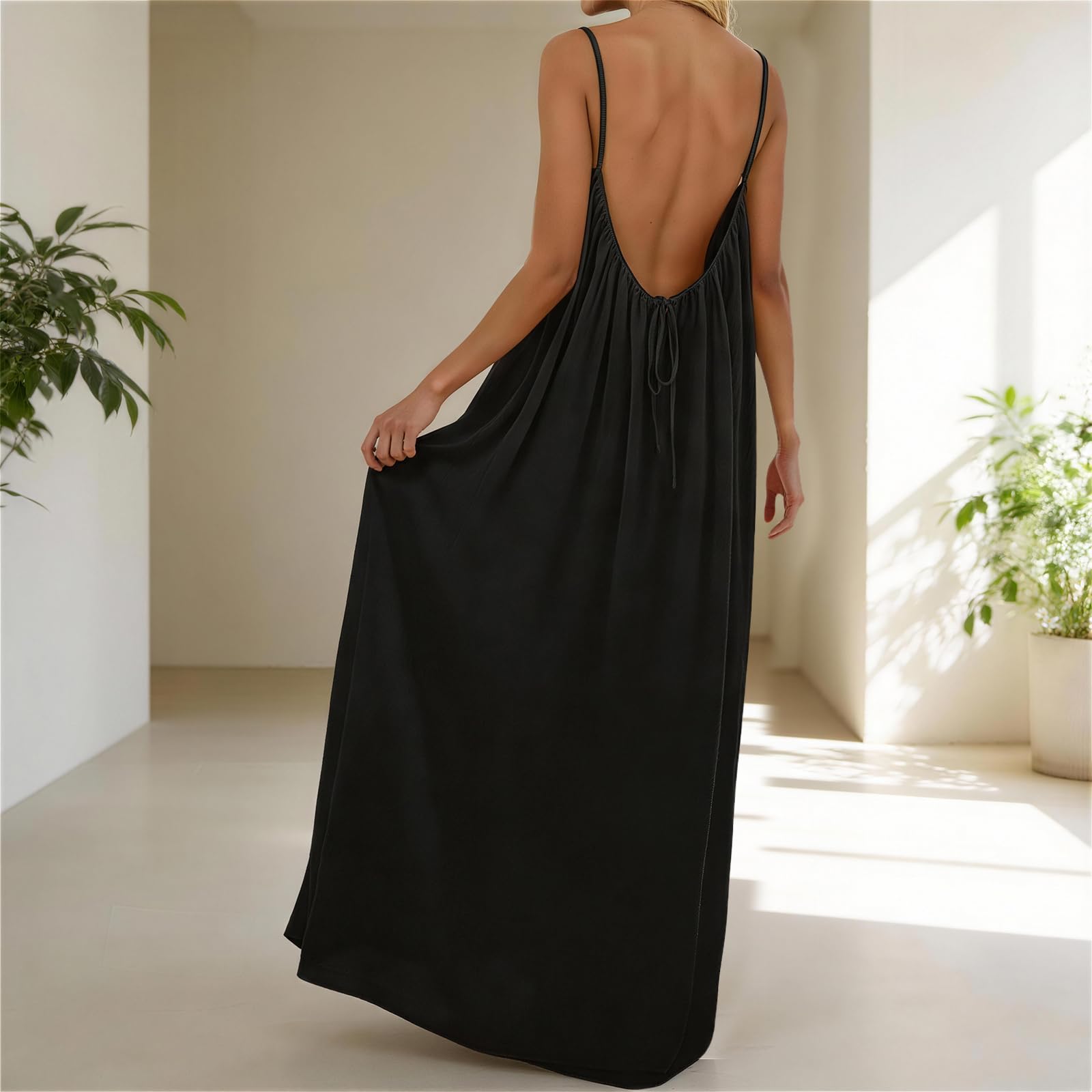 Rowena Maxi Dress for Women – Backless, Adjustable Straps & Fluid A-Line Cut Solid Summer