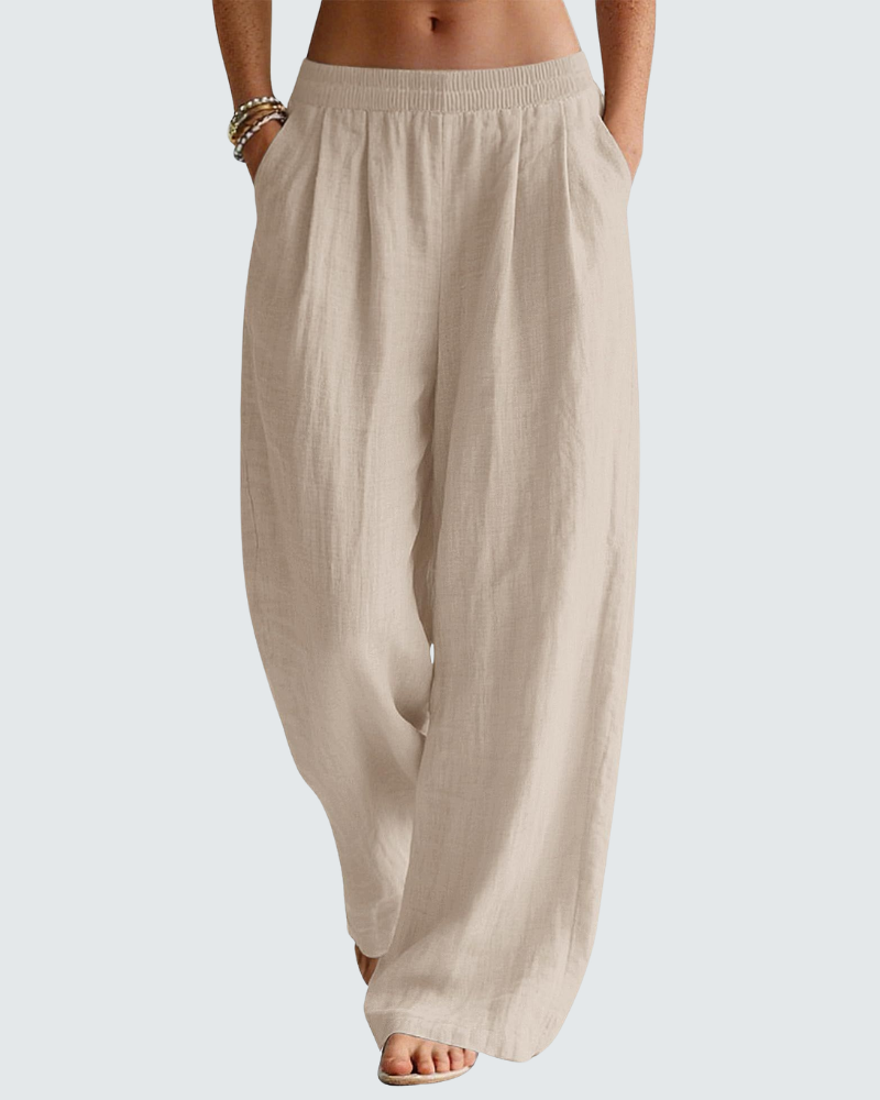 Blaire Pantalon Femme en Lin – Pantalon Palazzo Large avec Poches & Taille Élastique