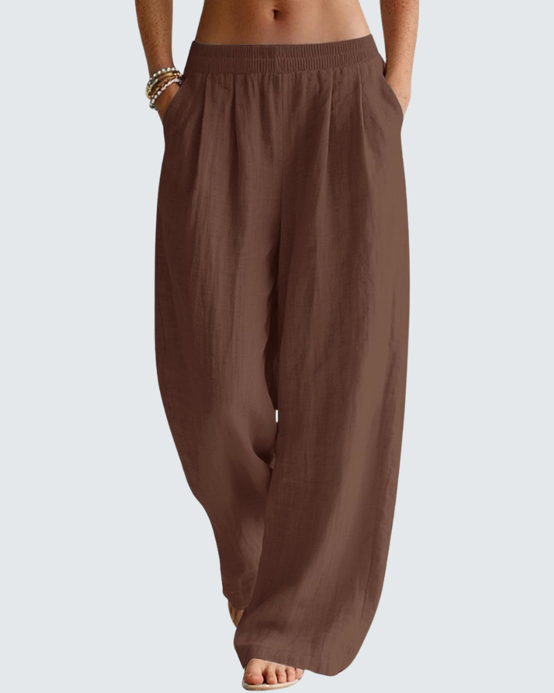 Blaire Pantalon Femme en Lin – Pantalon Palazzo Large avec Poches & Taille Élastique