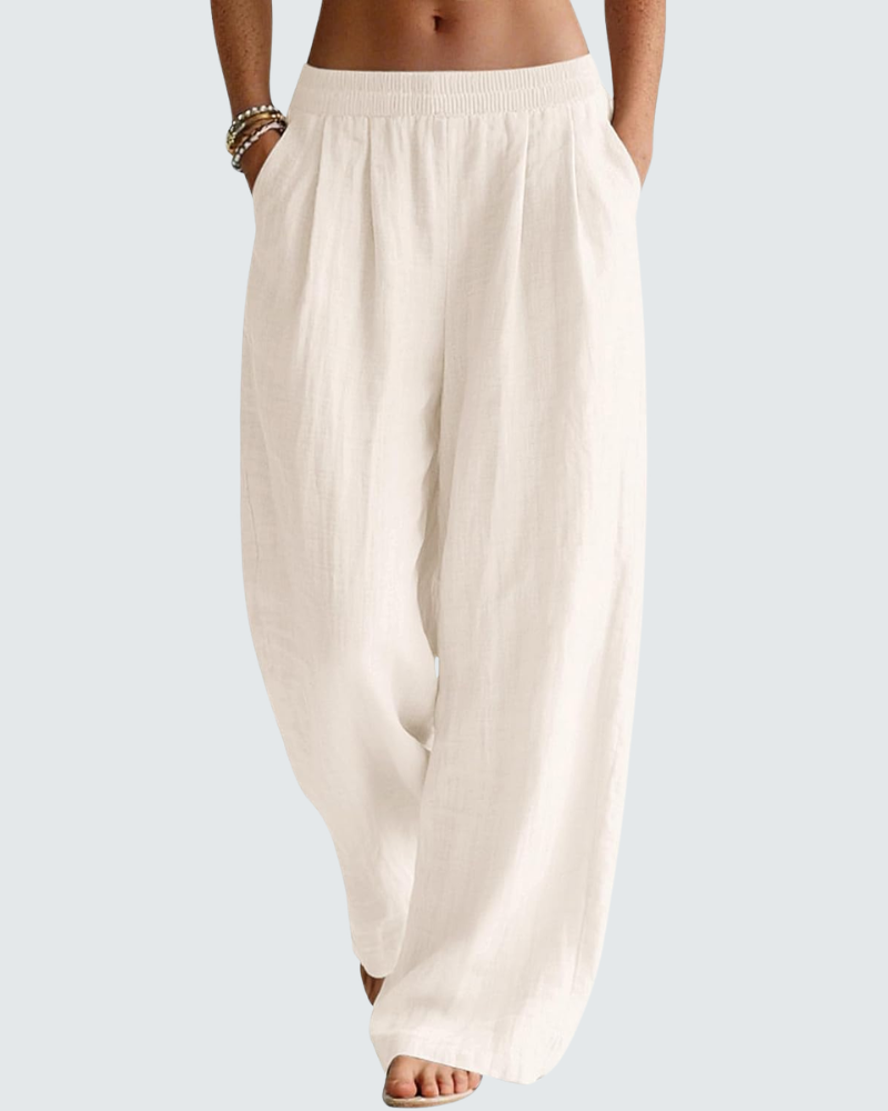 Blaire Pantalon Femme en Lin – Pantalon Palazzo Large avec Poches & Taille Élastique