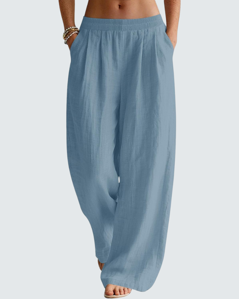 Blaire Pantalon Femme en Lin – Pantalon Palazzo Large avec Poches & Taille Élastique