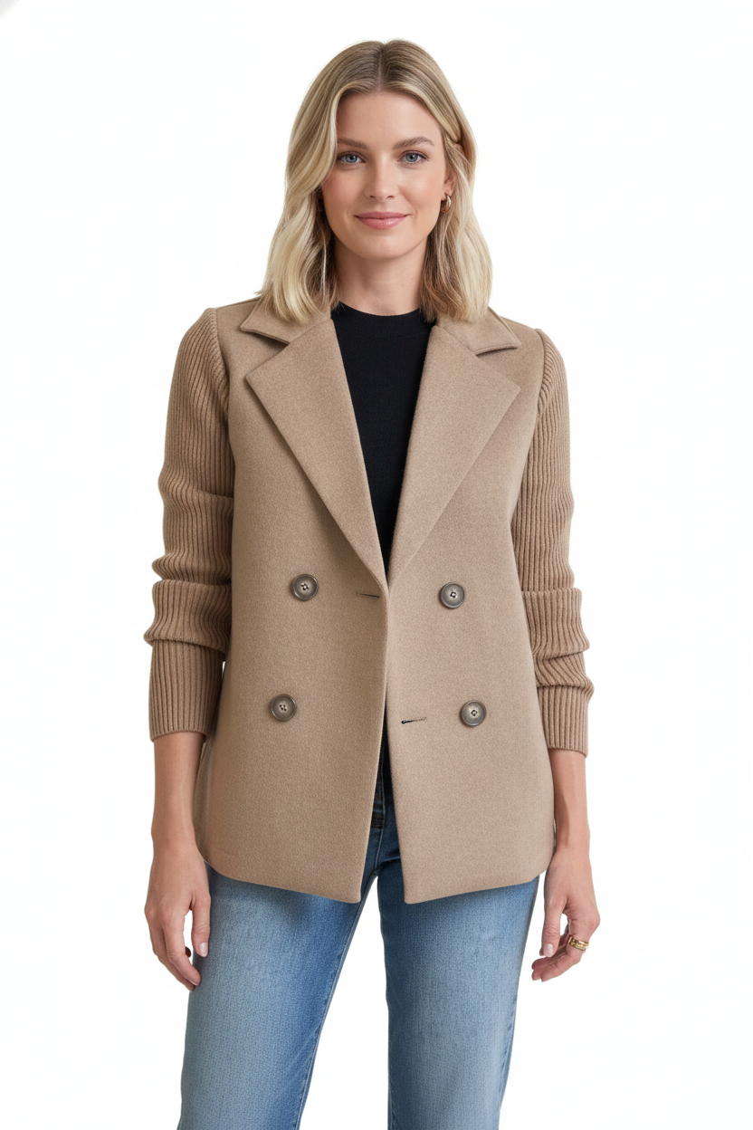 Charina Women's Knit Blazer – Double-Breasted Jacket with Lapel Collar & Long Sleeves