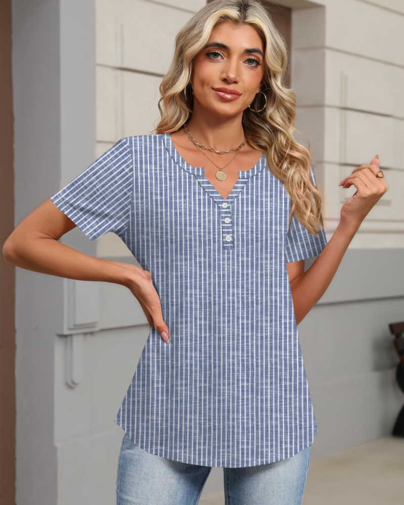 Mckenna Tunique Henley Femme – Haut Col V Boutonné à Manches Courtes