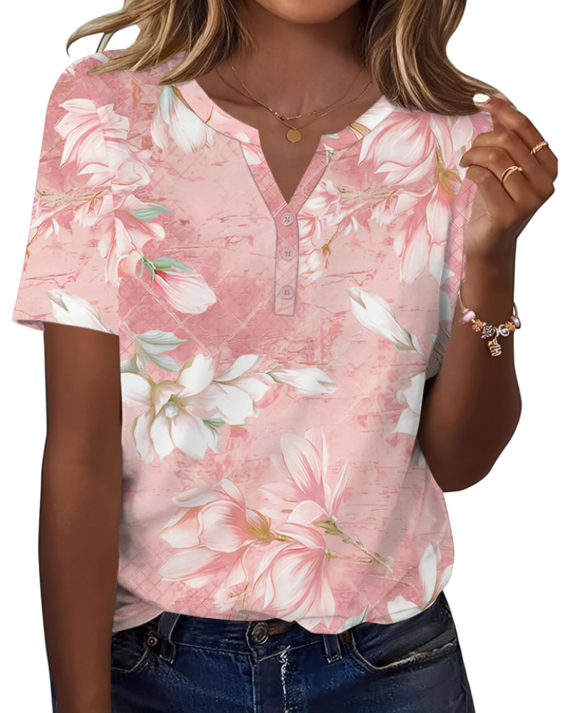 Mckenna Tunique Henley Femme – Haut Col V Boutonné à Manches Courtes