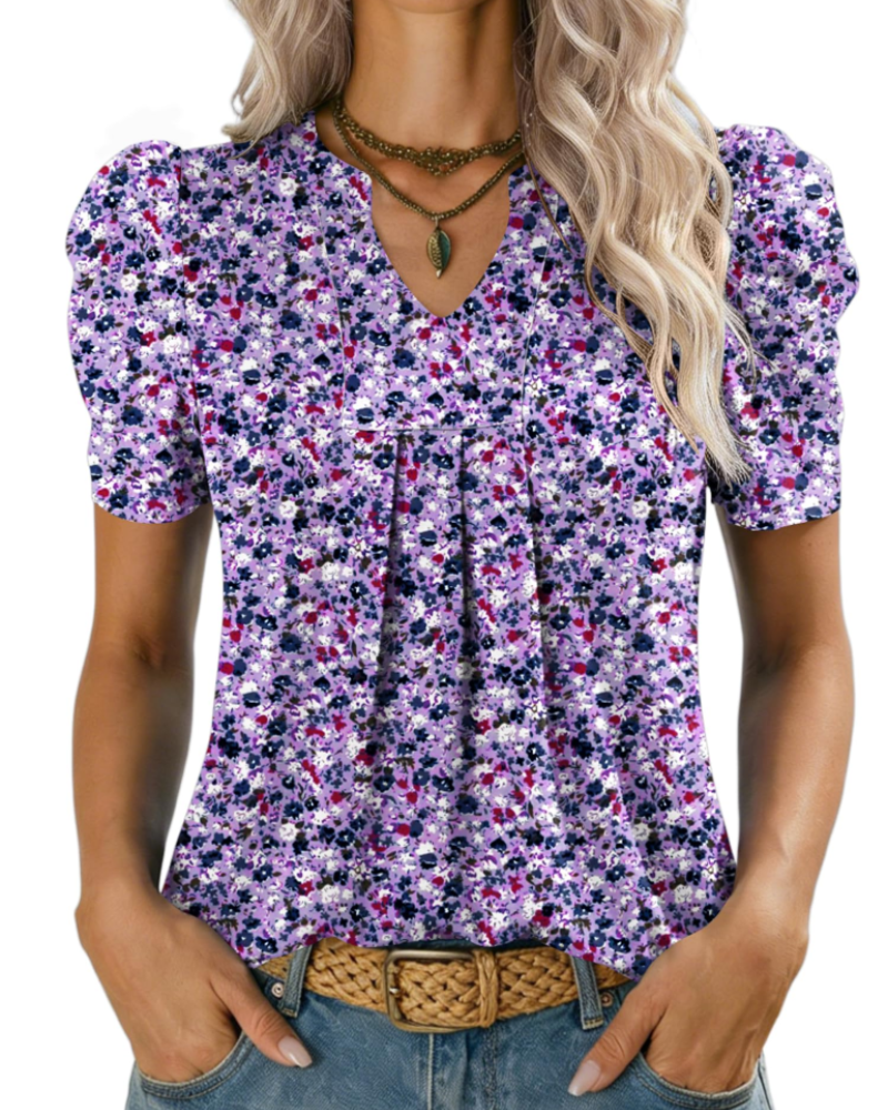 Margot Blusa de Mujer con Mangas Abullonadas – Cuello en V Alto en Punto Ligero