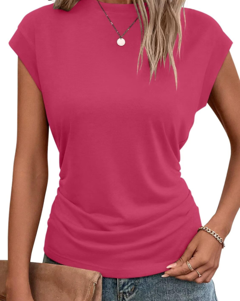 Charlotte T-Shirt Femme à Manches Capes – Haut Col Rond avec Détail Plissé