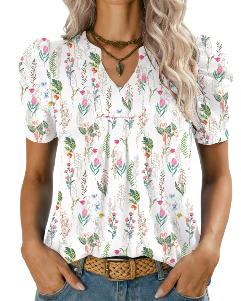 Margot Blusa de Mujer con Mangas Abullonadas – Cuello en V Alto en Punto Ligero