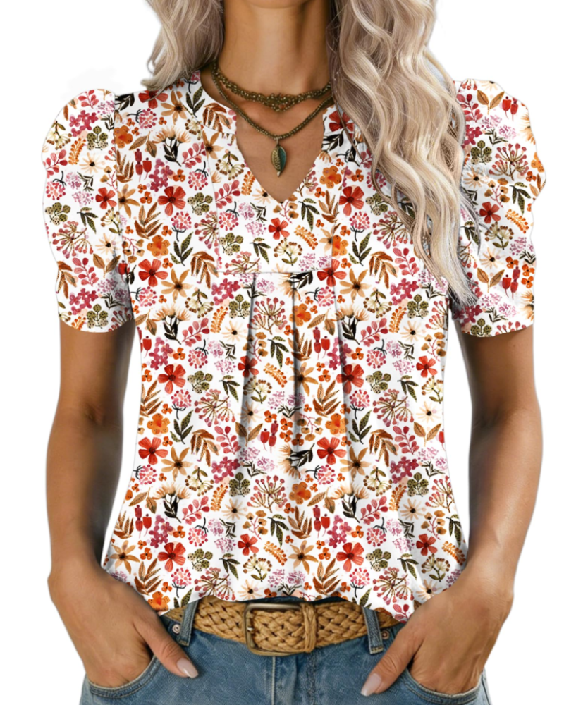 Margot Blusa de Mujer con Mangas Abullonadas – Cuello en V Alto en Punto Ligero