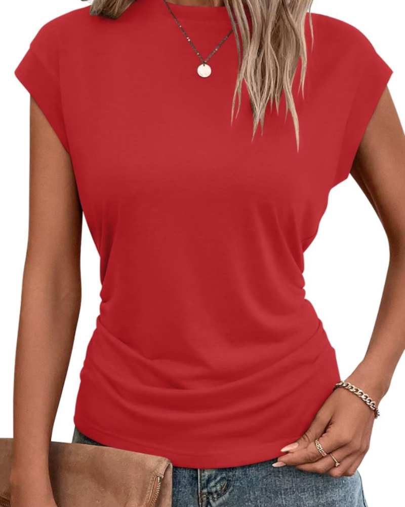 Charlotte T-Shirt Femme à Manches Capes – Haut Col Rond avec Détail Plissé