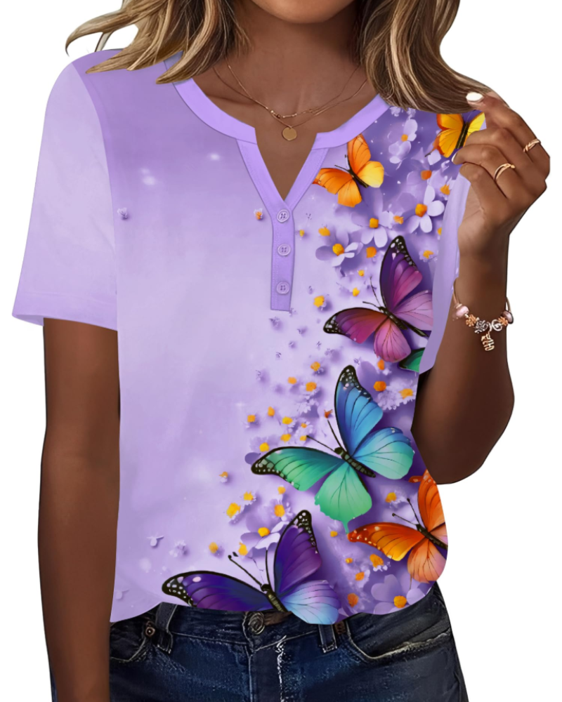 Mckenna Tunique Henley Femme – Haut Col V Boutonné à Manches Courtes
