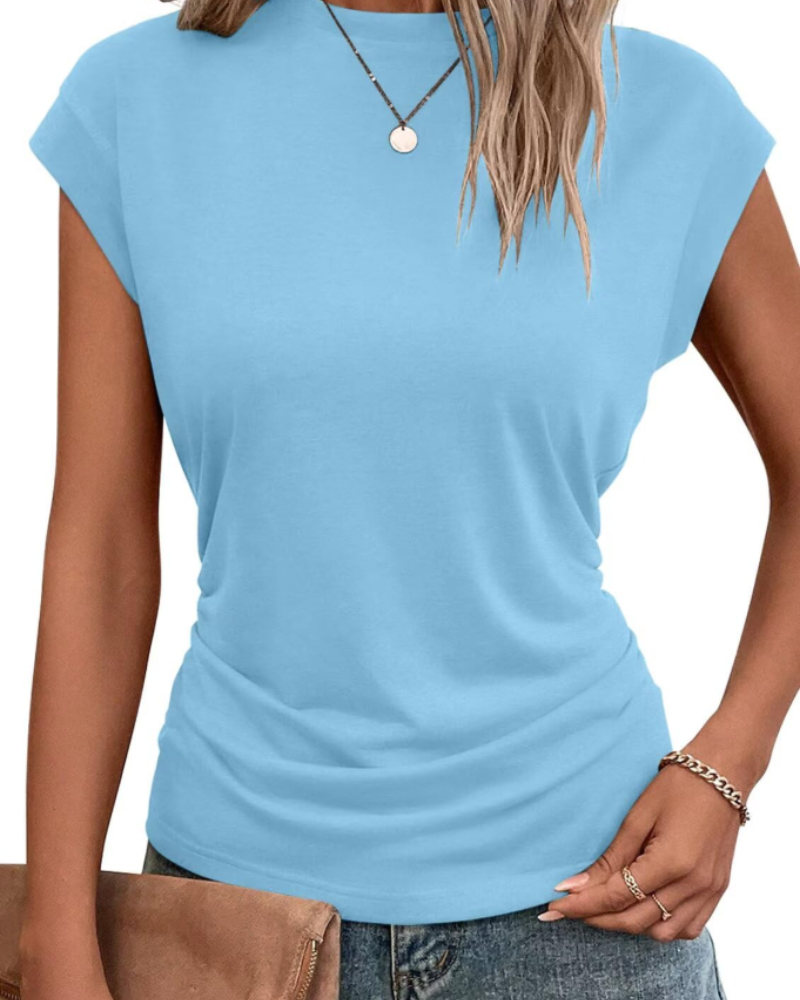 Charlotte T-Shirt Femme à Manches Capes – Haut Col Rond avec Détail Plissé