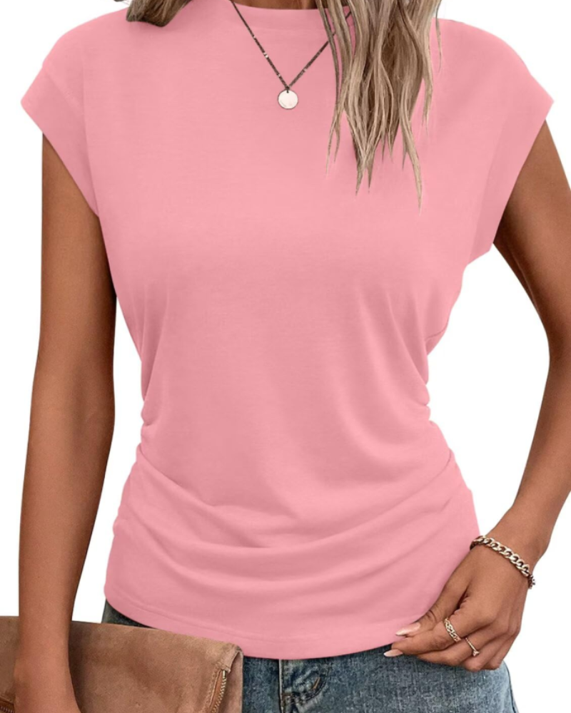 Charlotte T-Shirt Femme à Manches Capes – Haut Col Rond avec Détail Plissé