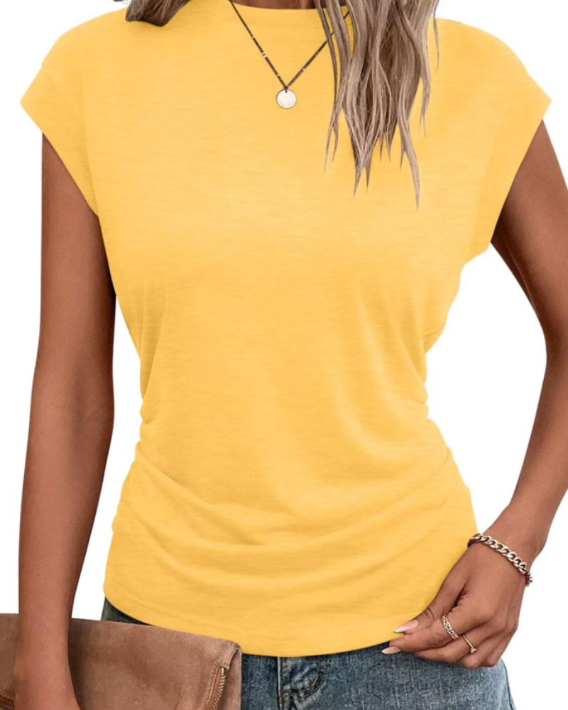 Charlotte T-Shirt Femme à Manches Capes – Haut Col Rond avec Détail Plissé