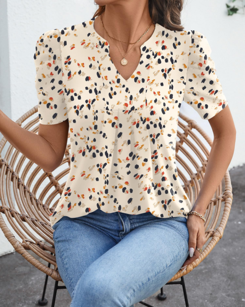 Margot Blusa de Mujer con Mangas Abullonadas – Cuello en V Alto en Punto Ligero